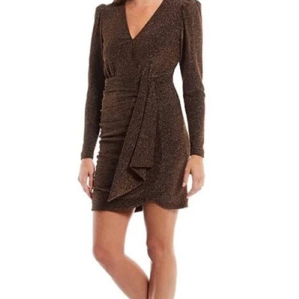 Alex Marie Chrissy Long Sleeve V-Neck Drape Front Metallic Novelty Dress - Sz 16